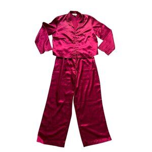 Vtg Laura Leigh Intimates Pajama Set Womens Large Red Satin Beaded Grannycore